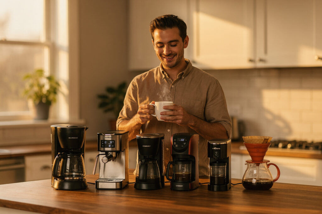 A warm, inviting kitchen scene with a person enjoying freshly brewed coffee near a modern coffee maker in natural sunlight.